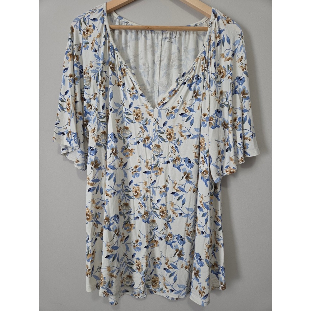 Lane Bryant Floral V-Neck Tunic Top Blue Gold White Short Flutter Sleeve 18/20